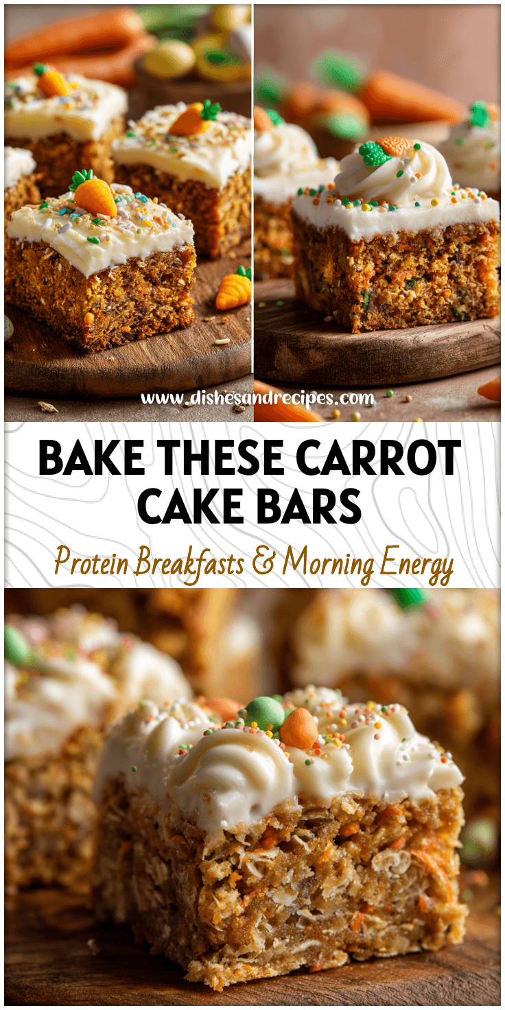 Golden Carrot Cake Breakfast Bars topped with cream cheese frosting and spring sprinkles on a rustic board.